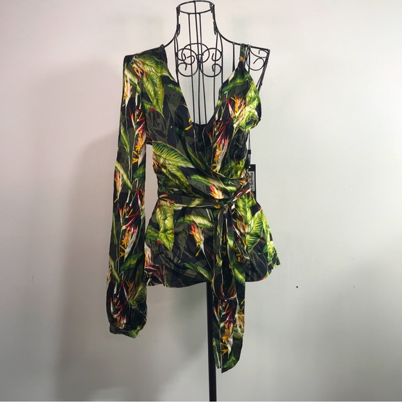 BCBG Birds of Paradise One Sleeve Wrap Top, Size L - Black/Green Women's - Picture 2 of 9